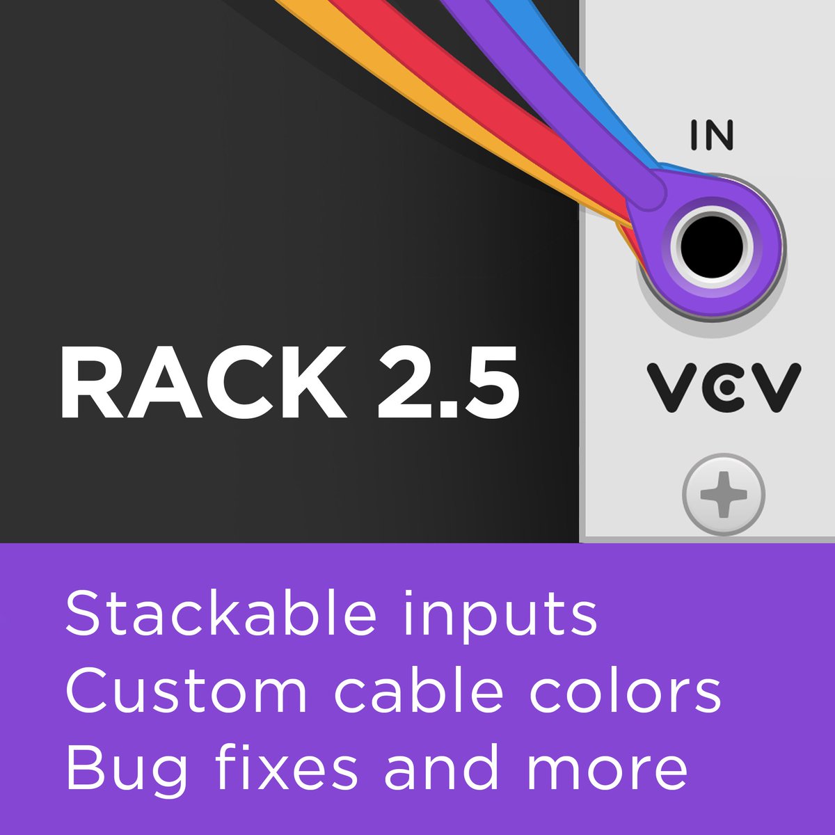 VCV Rack 2.5 has been released, including stackable inputs, custom cable colors, and more. vcvrack.com/news/2024-04-2…