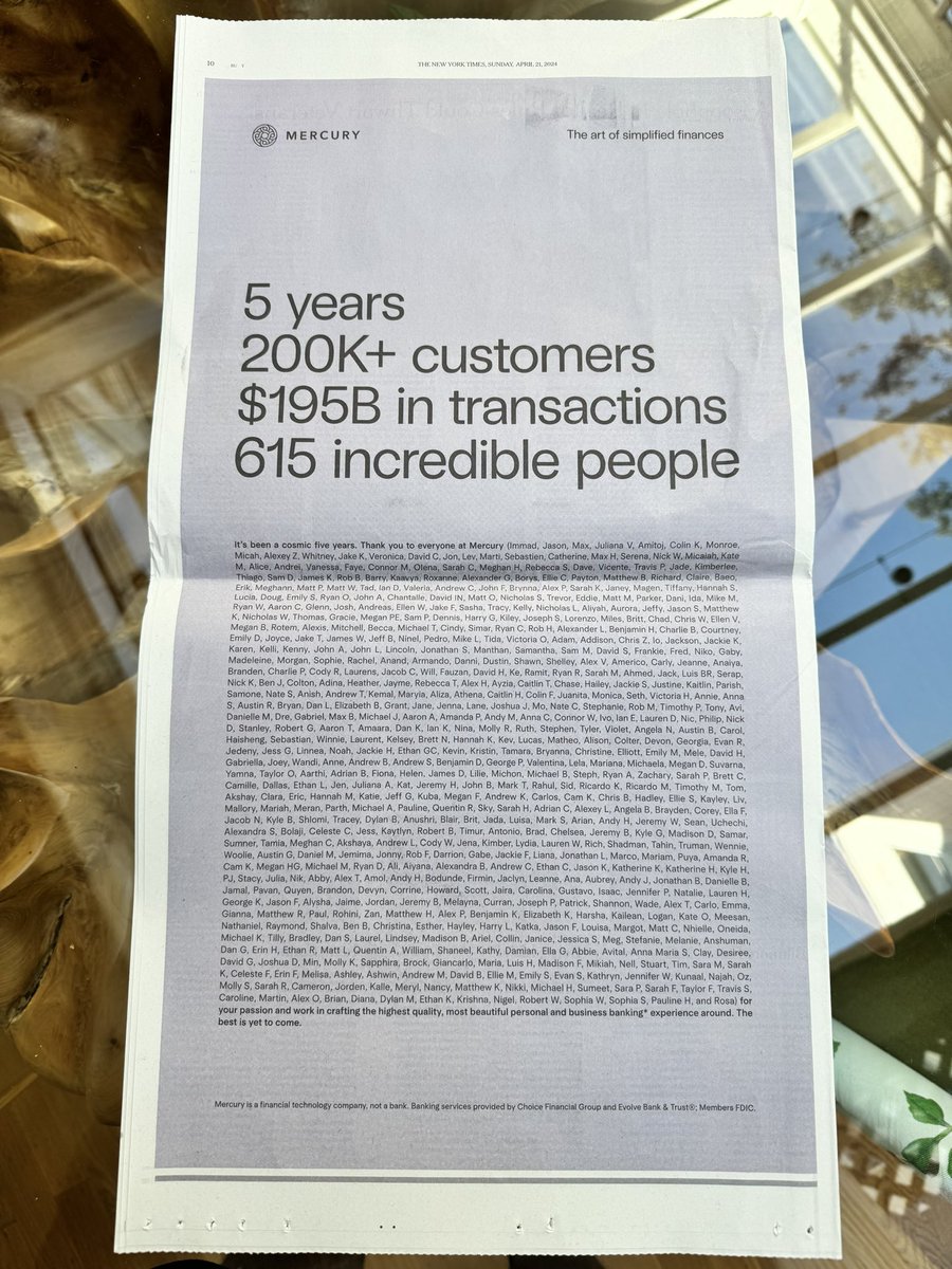 immad's tweet photo. To commemorate @mercury’s 5 year anniversary we took a full page ad in the Sunday NYT.

Thanks to all the 615+ incredible people for their continuous dedication to the product and customers. And for making it a great place to work. https://t.co/bhaCdLN6xV