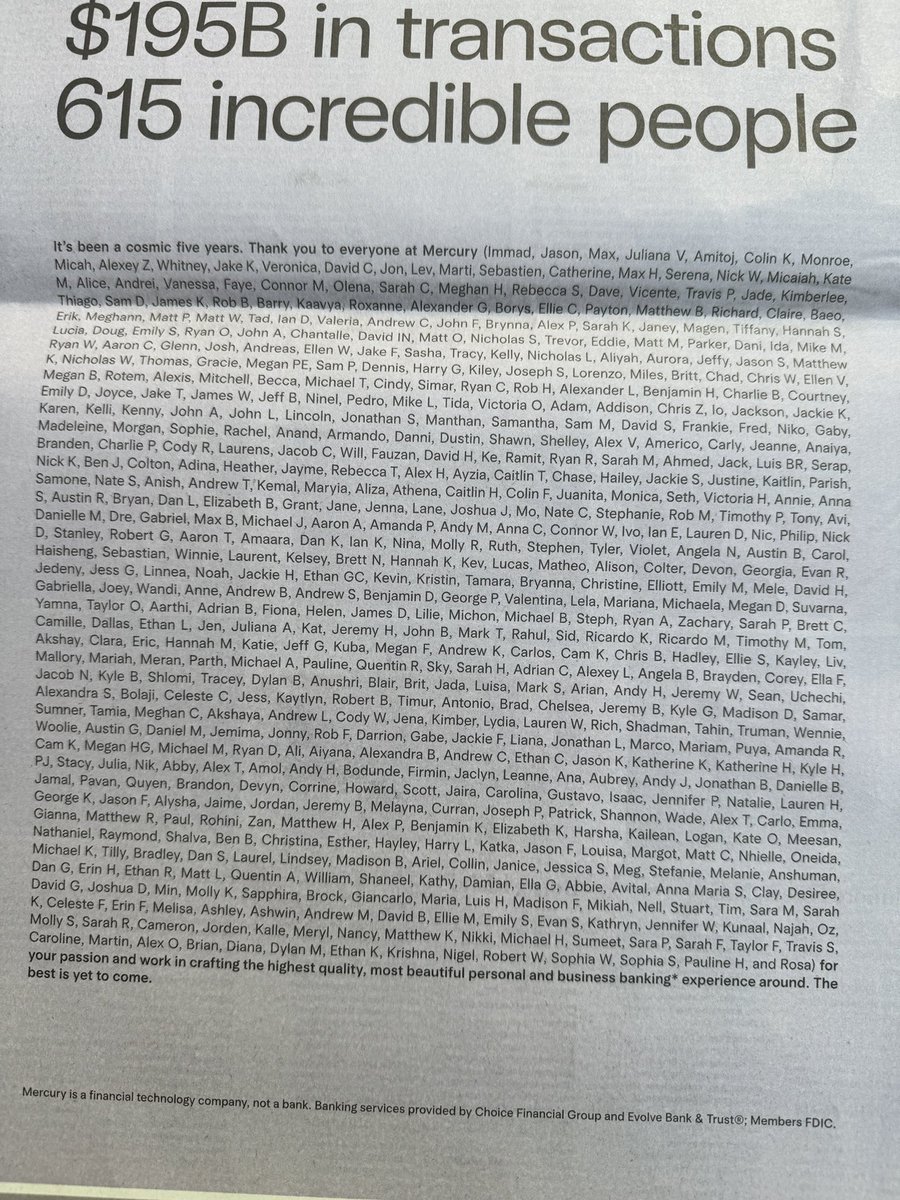 To commemorate @mercury’s 5 year anniversary we took a full page ad in the Sunday NYT. Thanks to all the 615+ incredible people for their continuous dedication to the product and customers. And for making it a great place to work.