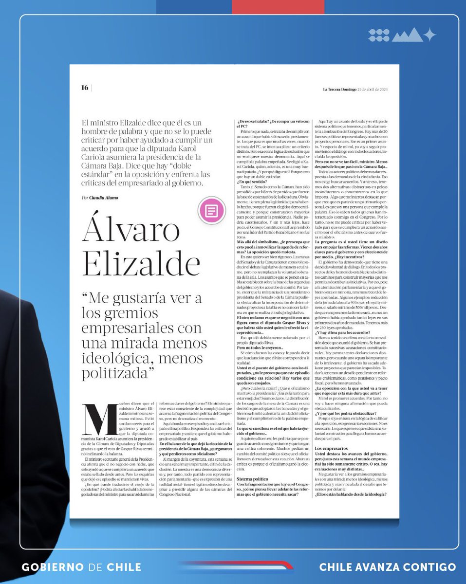 📰Revisa la entrevista al ministro @alvaroelizalde en @latercera sobre la elección de la mesa de la @Camara_cl y los esfuerzos del Gobierno para empujar reformas sociales que van en beneficio de las y los chilenos 🇨🇱. 👉🏻Entrevista completa aquí: latercera.com/la-tercera-dom…