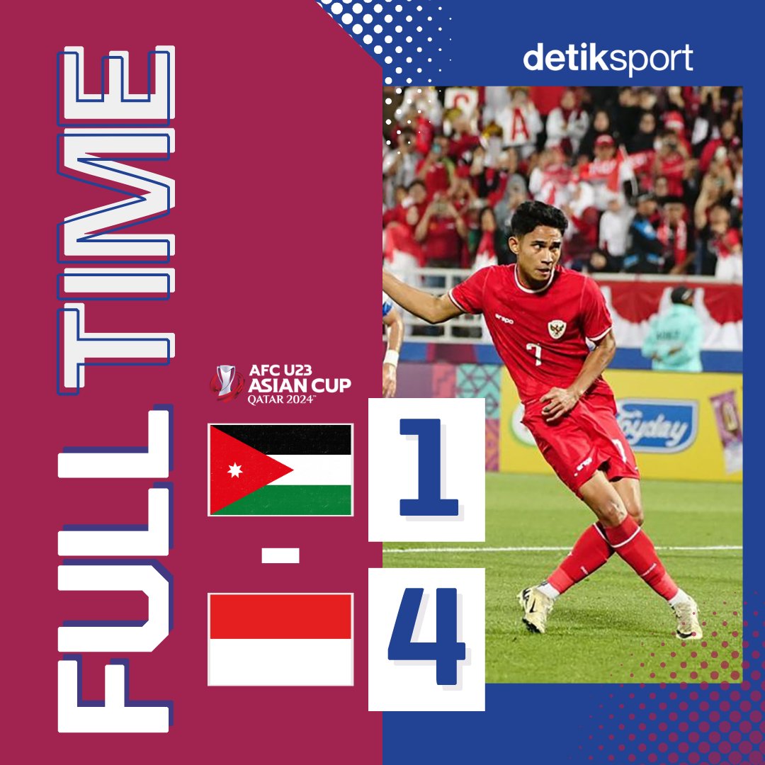 detiksport's tweet photo. GARUDA MUDA KE PEREMPATFINAL! 🇮🇩

Empat gol disarangkan Garuda Muda di gawang Yordania, lewat dua gol dari Marselino, satu gol dari Witan dan Komang ⚽️

Sejarah baru untuk Garuda Muda! 🦅

#TimnasIndonesia #Timnasday #AFCU23 #detiksport https://t.co/ae4906Rlk4