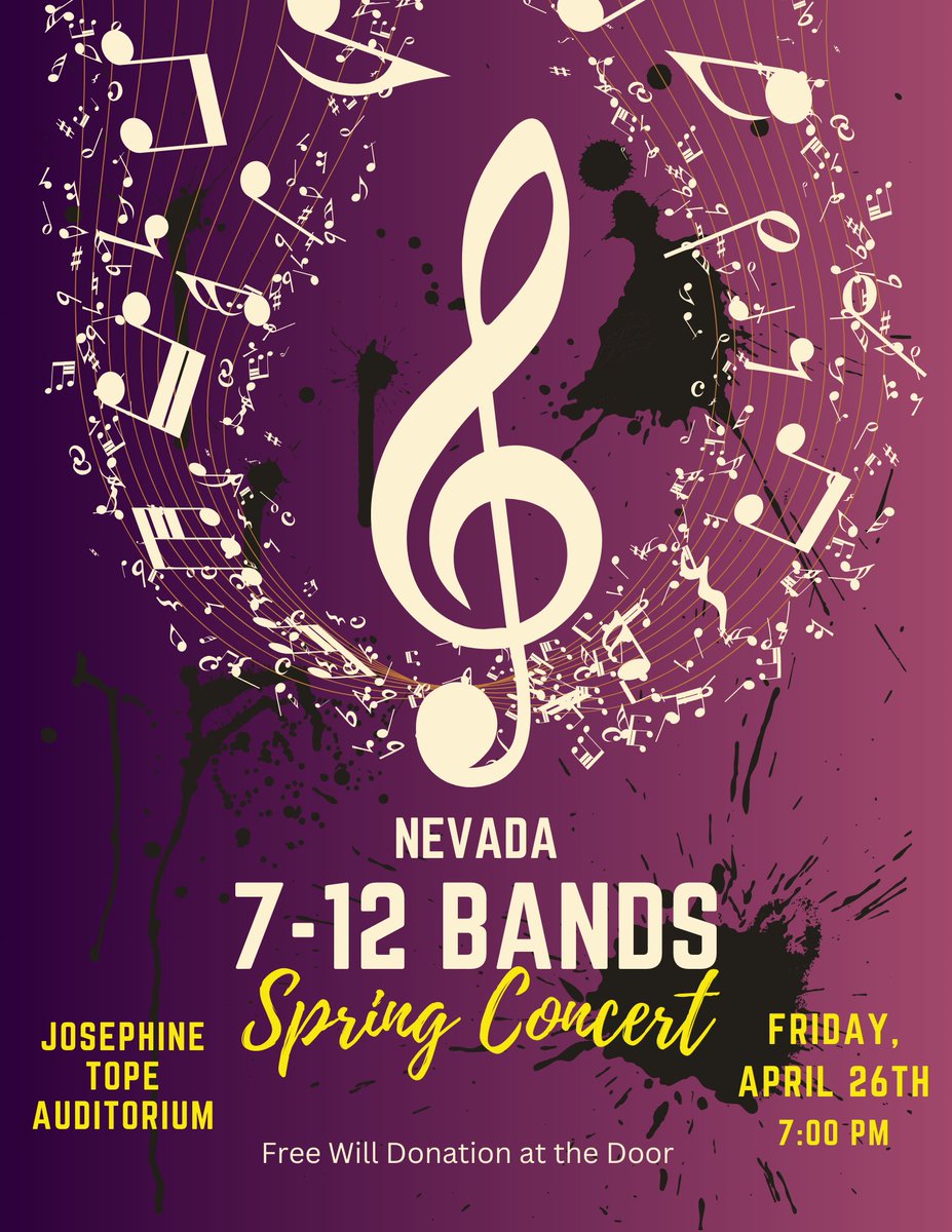 This Friday is our Spring Band Concert featuring the 7th &amp; 8th grade band and the high school band! We invite you to come and support the bands and the seniors who will be performing in their final band concert in Josephine Tope Auditorium! #NevadaCubPride