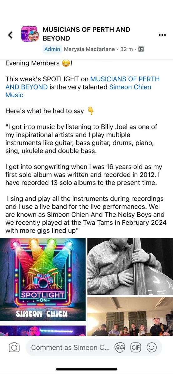 My new musician spotlight bio is now available in the MUSICIANS OF PERTH AND BEYOND Facebook Group Page. It’s a short bio about my music career starting from me listening to Billy Joel before leaving primary school, leading into the beginning of my song-writing career to present