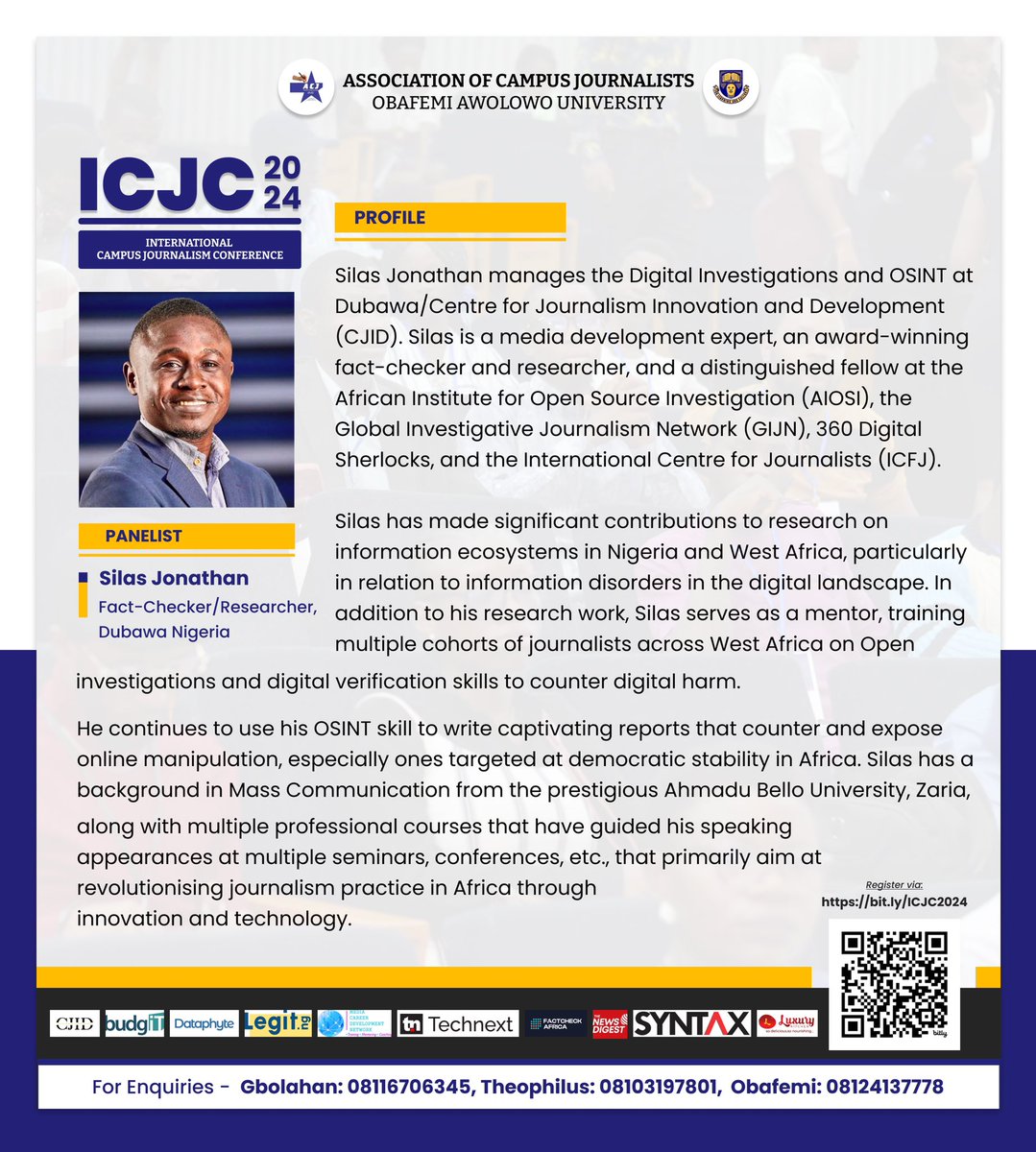 💥 2024 INTERNATIONAL CAMPUS JOURNALISM CONFERENCE Meet one of our Panelists for the 2024 International Campus Journalism Conference. Registration Link: bit.ly/ICJC2024 Attendance is free but Registration is compulsory! Register and be there!