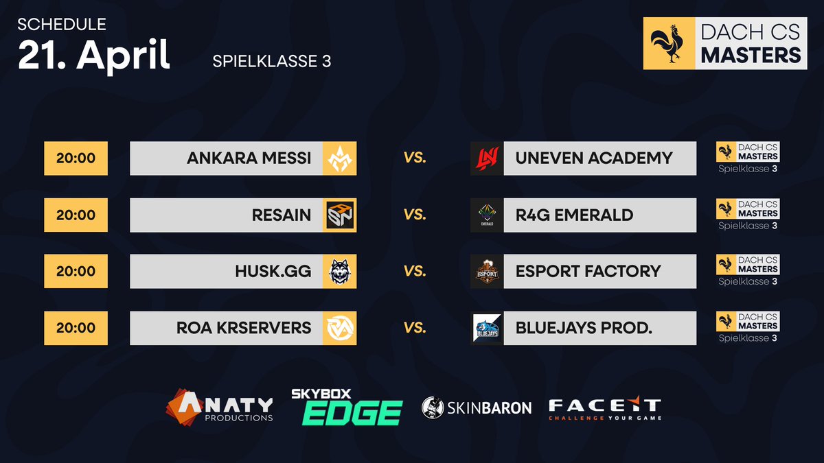 Um 20 Uhr geht es rund in der dritten Spielklasse der #DACHCSMasters 👀 Match 1: twitch.tv/dach_cs2 Match 2: twitch.tv/R4G_Joel Match 3: twitch.tv/EsportFactoryDE Match 4: twitch.tv/Bluejays_Destr… Noch mehr Matches findet ihr hier: dachcs.de/coverage/