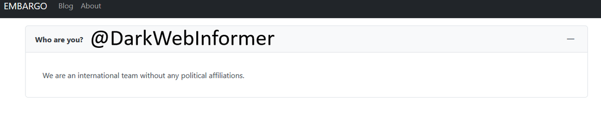 DarkWebInformer's tweet image. 🚨EMBARGO RANSOMWARE🚨This is Embargo Ransomware. I'm calling this a Discovery because I've never heard of them, but maybe some of my Researcher friends have. Onion is in the sub-post. #Ransomware #DarkWebInformer #DarkWeb #Cybersecurity #Cyberattack #Cybercrime #Malware #Infosec…