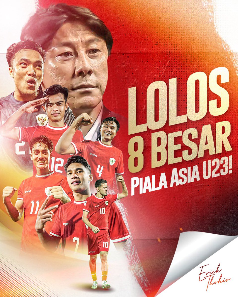 SEJARAH! 🇮🇩⚽👏🏼

Sejarah baru berhasil dicatat Indonesia dengan lolos ke babak 8 besar Piala Asia U-23. Tampil pertama kali di Piala Asia U-23, kita mampu membuktikan kualitas kita di level Asia.

Indonesia bangga!

#KitaGaruda #GarudaMendunia