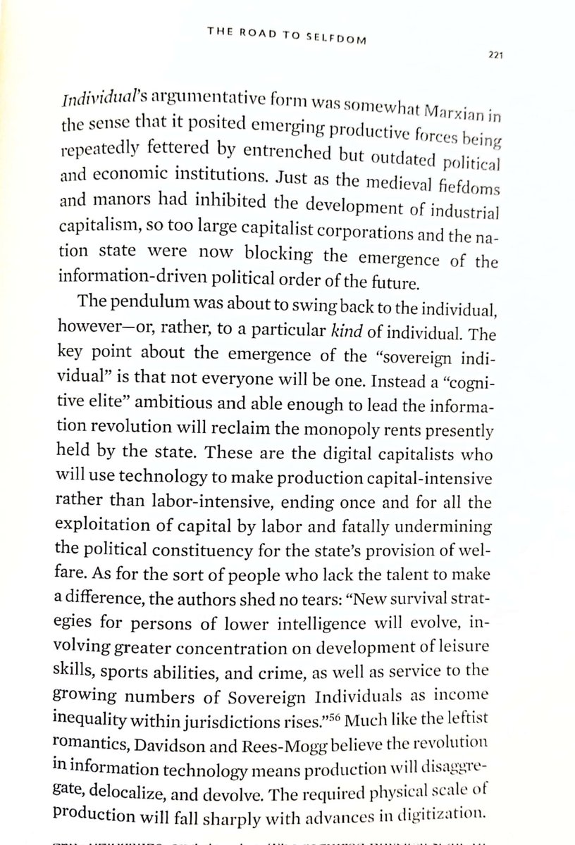 In a key Ch, The Road to Serfdom, Fourcade & Healy write Thiel & monstrous sovereignty of other Silicon Valley oligarchs have picked up on the vision laid out by, of all ppl, the elder Rees-Mogg. Left foil is key what is Road to Flourishing, @rch371 Republic of Producers?