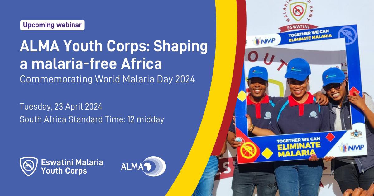 Learn about the leading role Africa #youth champions 🌍 are playing in the fight against #malaria in this special webinar hosted by @ALMA_2030 and @MalariaCorps. 🗓️ Tuesday, 23 April 2024 ⏰ South Africa Standard Time: 12pm ➡️ Register now: bit.ly/3U2Wven