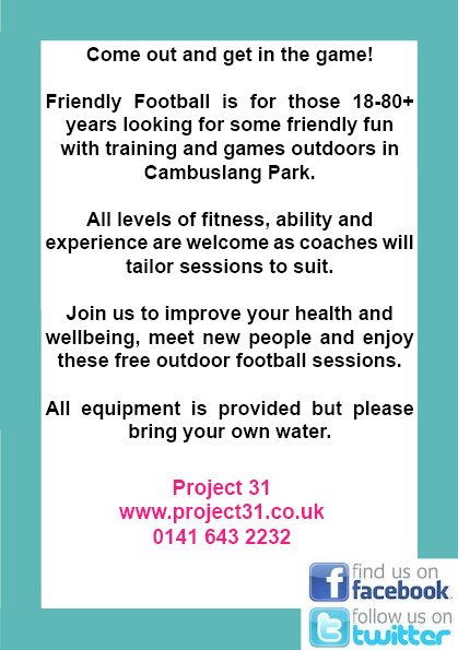 Returning this Wednesday! 6.30-7.30pm in Cambuslang Park. If you're an adult of any age come and join in the fun and get back in the game. To book your free space go to Eventbrite. eventbrite.co.uk/e/project-spor…