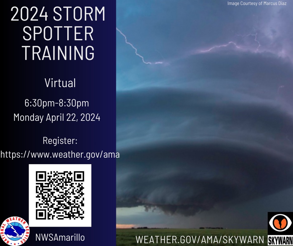 Severe weather season is not far away now! We have a virtual class tomorrow (Monday, April 22). This is the last class of the 2024 season! You will have to register for the class. Please see the information on the graphics below or visit: weather.gov/ama/spottertal…
#txwx #okwx #phwx