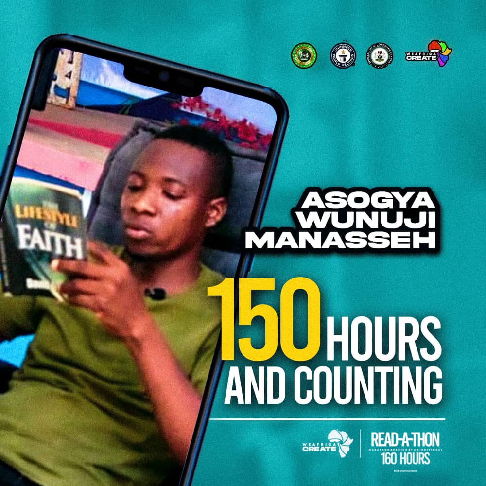 JollyJerry10's tweet photo. 160 hours Marathon Reading by an individual 

150 Hrs and still Counting 

@WeAfricaCr4506 
@NigeriaGov 
@GovAgbuKefas 
@GWR 
@Channelstv
@ARISEtv

#WeafricaCreate 
#WeafricaCreate
#160hoursreadAThon
#GetInvolvedNow https://t.co/9XDNcuTeia