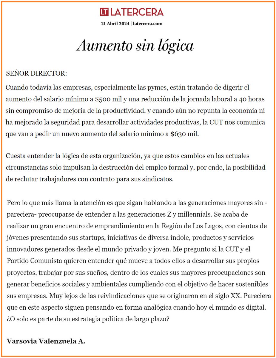 Cuando todavía las pymes están tratando de adecuar aumento salario mínimo a $500 mil, reducción de jornada a 40 horas y cuando aún no repunta la economía, ni mejora la seguridad, la CUT o Partido Comunista, comunica que van a pedir un nuevo aumento del salario mínimo a $630 mil.