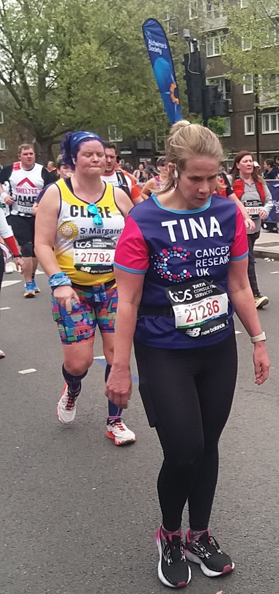 Tina putting her best foot forward at the 11.5 mile mark in Bermondsey at today's London marathon raising money for Cancer research #cruk.