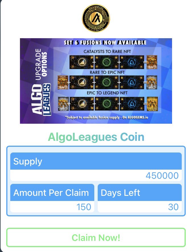 ViewRewardApp's tweet image. A new @AlgoLeagues airdrop? 

Oh, I think so!!

Fusions are now open for Series 6! 

Upgrade your Characters today at algogems.io/shops/algoLeag…

Get in on the fun and collect 150 ALC daily! 

ViewReward.app

#algo #Algofam