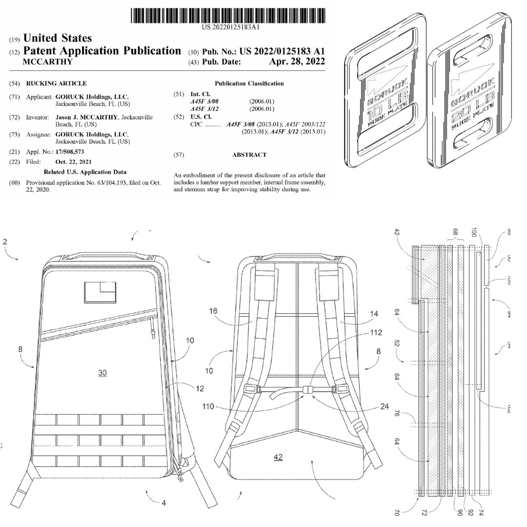 GoRuck recieves several patents related to its latest Rucker backpack. 

The first utility patent is focused on its internal frame and lumbar support system within its Rucker backpack for weight distribution, and the second is a design patent focused on the design of the weighted
