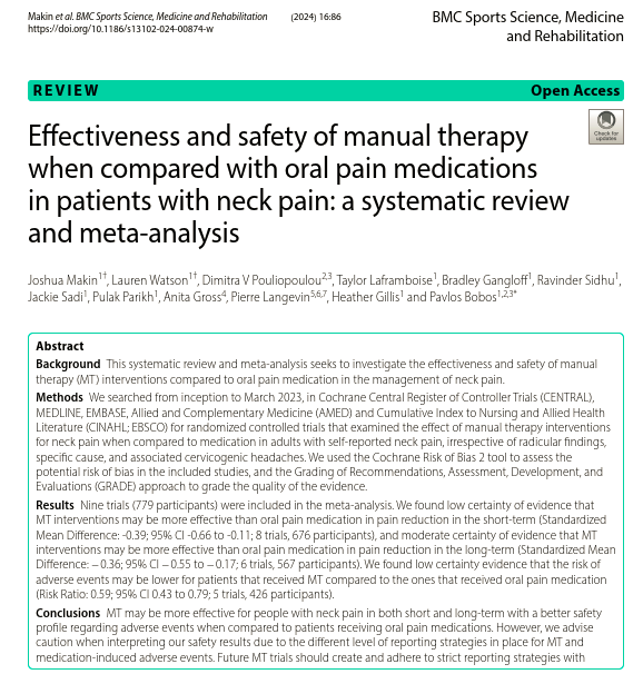 Effectiveness and safety of manual therapy when compared with oral pain medications in patients with neck pain: a systematic review and meta-analysis …sportsscimedrehabil.biomedcentral.com/articles/10.11…