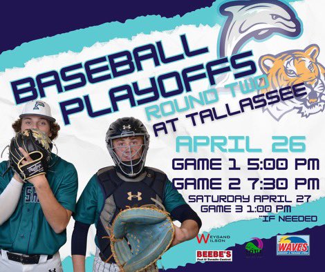 Baseball playoffs round two matchup is set!🔥 We hope to see Dolphins Nation travel to Tallassee to continue to show their support for the Varsity Dolphins!

#PlayInMay