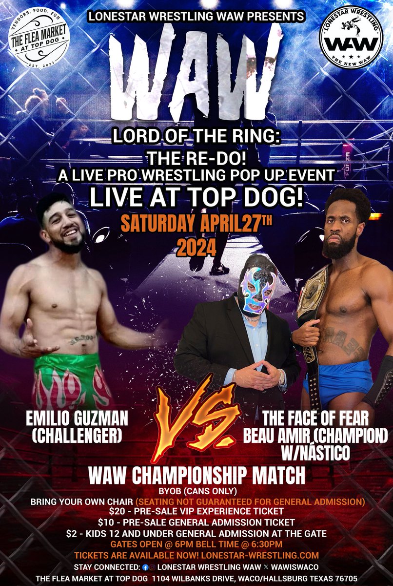 💥 Championship Match! 💥 This Saturday #WAW Champion @Beauxamir W/ @Nasticoo puts his title on the line against #EmilioGuzman live at #TopDog 🎟️ Lonestar-Wrestling.com #ProWrestling #LiveProWrestling #TexasProWrestling #SupportIndieWrestling #LOTR