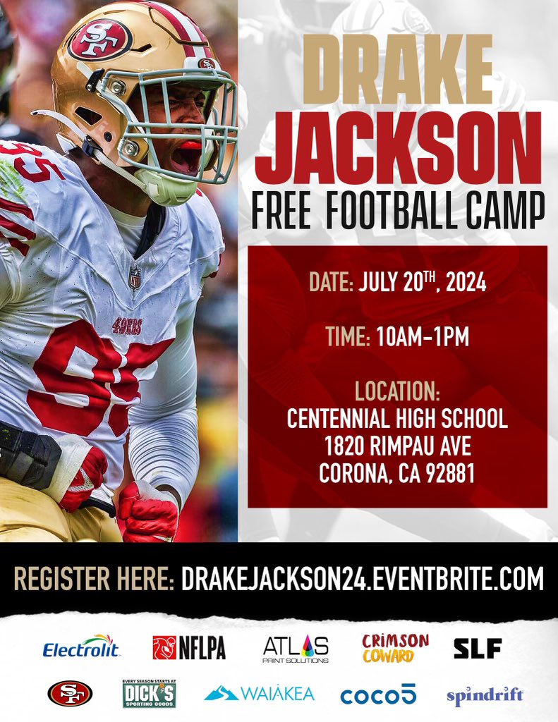 SAVE THE DATE: JULY 20 (10am-1pm)

Former #USC DL Drake Jackson’s FREE Football Camp at @Cen10Football ✌🏼

@On3USC @CoachDennisjack #FightOn