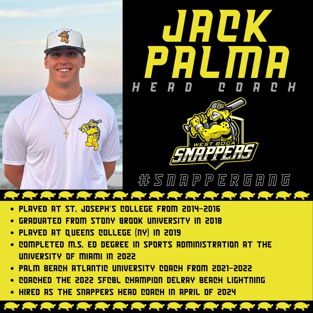 SFCBL_Official's tweet photo. 🐢NEW SNAPPER IN CHARGE🐢
•
The Snappers are excited to announce the head coach for the 2024 SFCBL season, Jack Palma! Palma, a former college pitcher and University of Miami grad previously coached in the SFCBL with the Lightning during their 2022 SFCBL Championship season. Jack also has coaching experience at the collegiate level as he was on the Palm Beach Atlantic University baseball coaching staff from 2021-2022. Once again, we are very excited to have Jack at the helm of this years team!
•
#snappergang🐢 #snapperincharge #sfcbl