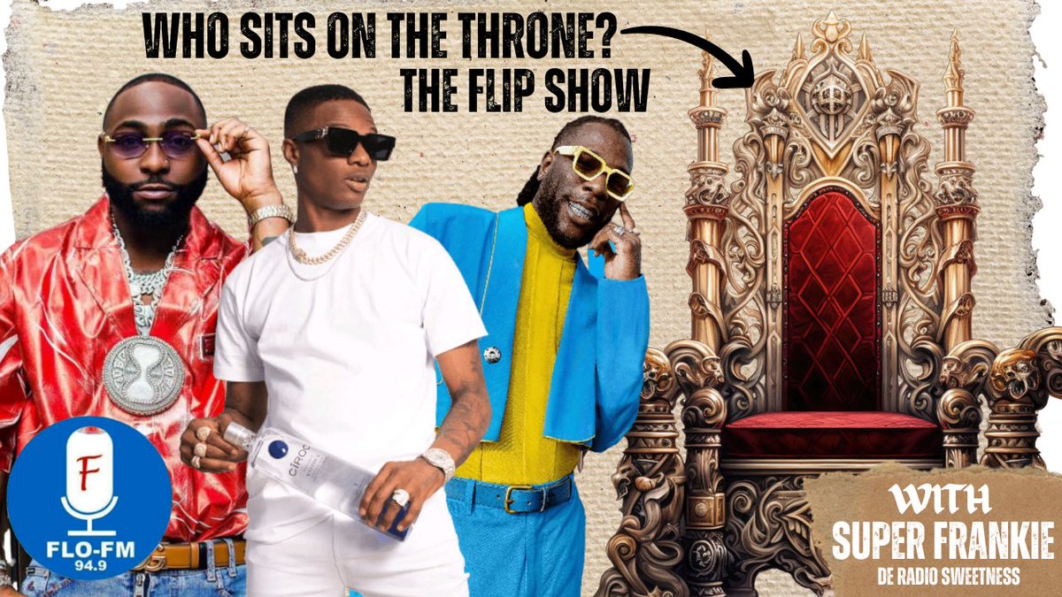 flo949fm's tweet photo. #QuestionOfTheWeek
WHO SITS ON THE THRONE, AS THE KING OF AFRICAN MUSIC?
1. WIZKID,
2. DAVIDO
OR
3. BURNA BOY?

The #FlipShow Is Back Again Today W./ Super Frankie (@RadioSweetness)
Today we are out to decide who the king of AFROBEAT is?
#SundayJoy
#SuperFrankie https://t.co/YzNIlh9TH1