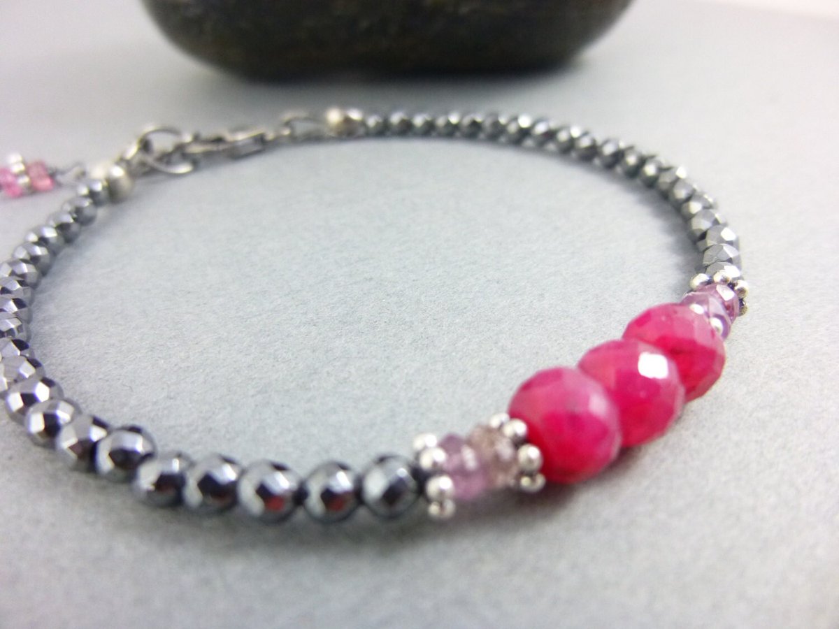 Ruby, Sapphire and Hematite Bracelet, Sterling Silver, Gift for Her, Encourages Passion, Spontaneity, Releases Stress, Tension and Worry, tuppu.net/a6e59e7 #Etsy #EarthEnergyGemstones #HealingCrystals