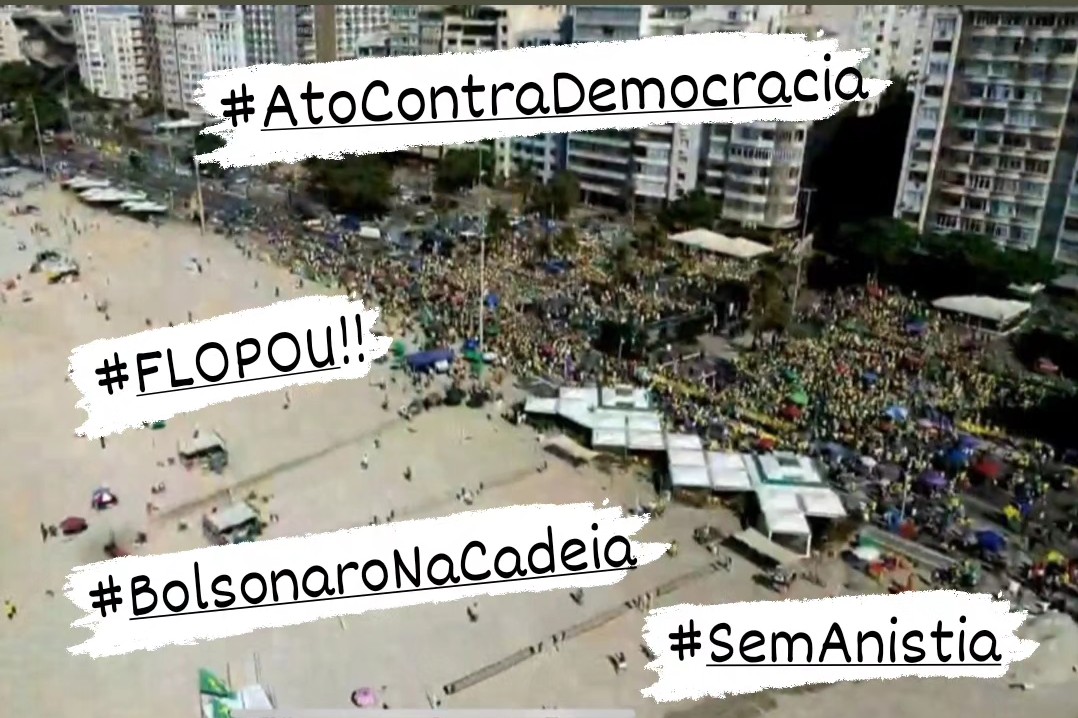 Ato contra democracia, hoje em Copacabana, FLOPOU!!! Ninguém aguenta mais esses nazifascistas e alguns neopentecostais, verdadeiros cafetões da fé alheia, querendo dar golpe. Aceita o resultado das urnas que dói menos. No mais, #BolsonaroNaCadeia #GolpistasNaCadeia #SemAnistia 🇧🇷