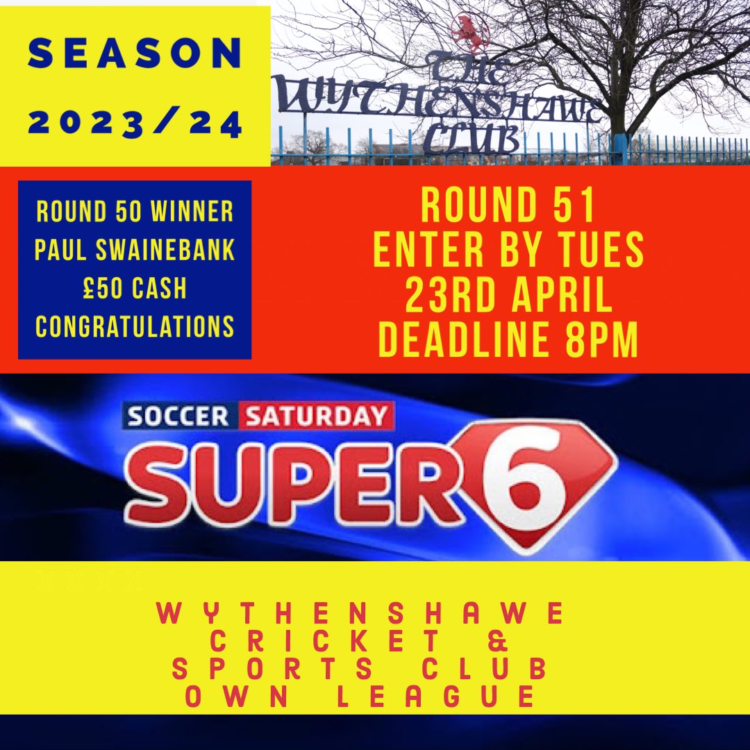 Super 6 Round 50 winner Paul Swainebank £50 Cash Winner Congratulations 💷 Round 51 Deadline Tues 23rd April 8pm ~ Good Luck🤞💷