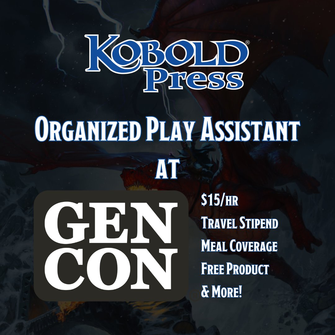 Want to work on Organized Play with us at @Gen_Con 2024? Apply to be an Org Play Assistant; we have both full and part-time availability! ➡️: koboldpress.com/gen-con-assist… #DND | #TOV | #TTRPG