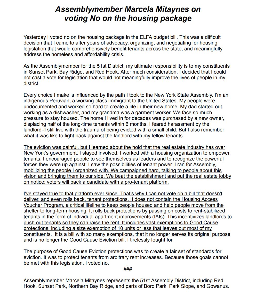 Yesterday, I voted no on the ELFA budget bill because - despite its many initiatives - it has failed to deliver any meaningful housing relief to the working people who call New York home, especially in the 51st Assembly District. Find my statement here: bit.ly/FY2025Statement