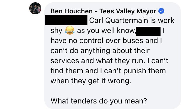 Odd statement. Tees Valley Mayor Tory Lord Houchen saying he isn’t responsible for buses! Transport literally in his remit & power to shape. Look to @BeeNetwork @greatermcr @AndyBurnhamGM to see real inspiration over buses & communities. 
Houchen acting the lad instead. #BinBen