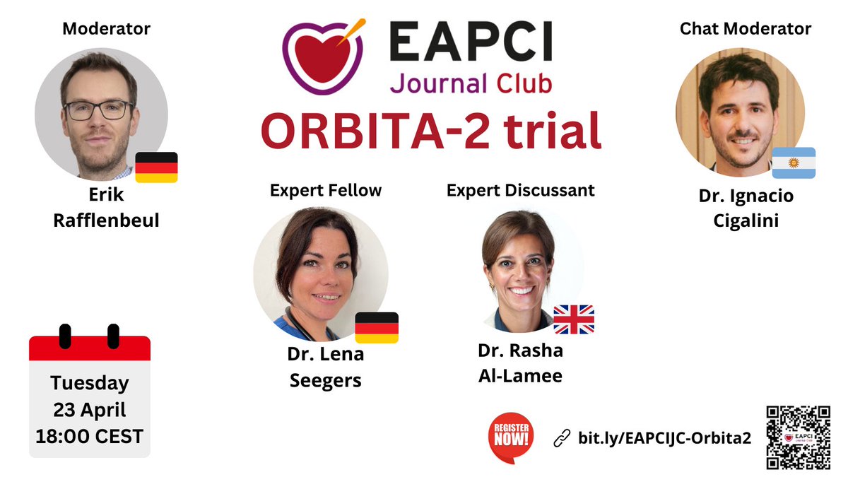 EAPCIPresident's tweet photo. ‼️It is #EAPCIJournalClub week ‼️
Discussed trial: 
➡️#Orbita2 with @rallamee 

🗓️Tuesday 23 April 
⏰18:00-18:40 CEST   

🚨Register NOW for FREE at #ESC365: 
🔗 https://t.co/7BWdjWgpjX https://t.co/Gkxk0P0NpZ