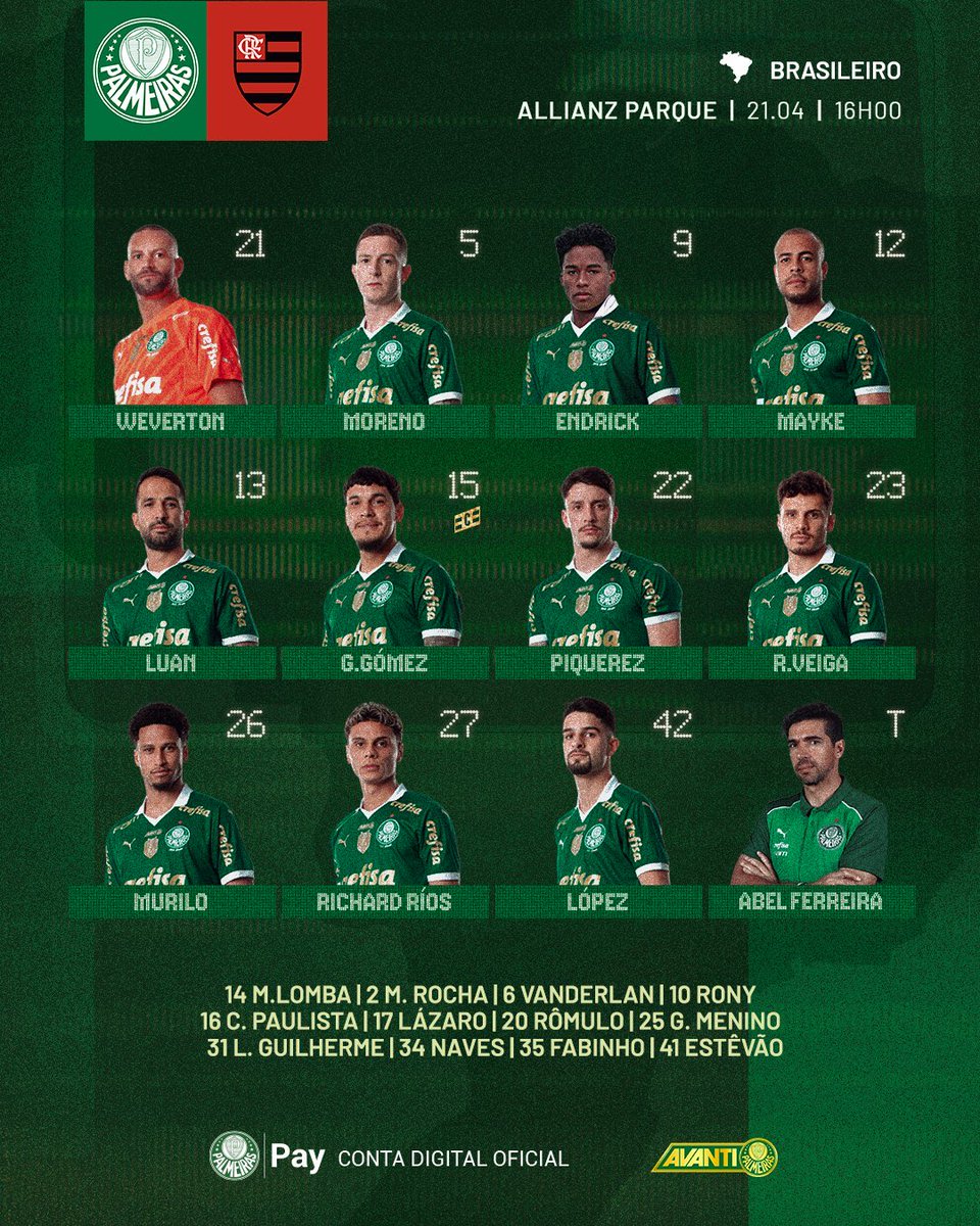 Infos_palestra's tweet photo. PALMEIRAS ESCALADO 

Abel Ferreira manda 3 zagueiros pra partida https://t.co/rGAPqVHCqn