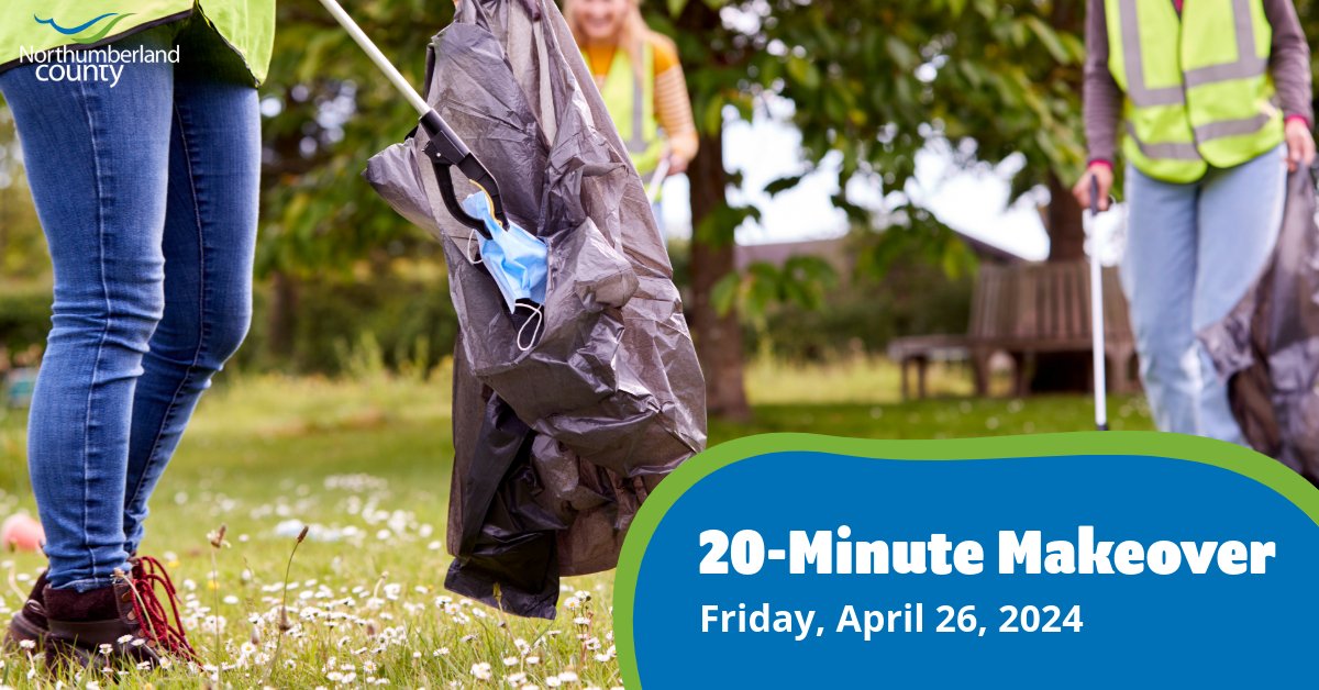 On Friday, April 26th, join us for a 20-Minute Makeover to celebrate #EarthDay2024! 🌎 To participate, simply grab a bag and some gloves and spend 20 minutes cleaning up an area in your neighbourhood. 👉 Learn more: Northumberland.ca/EarthDay