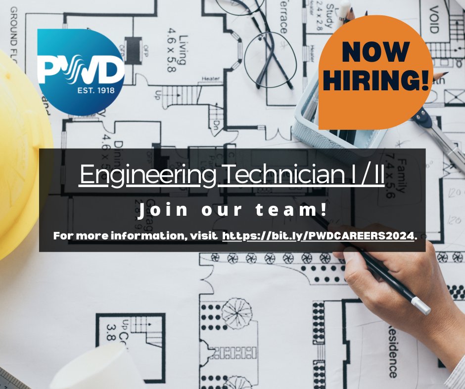 🚰💼  PWD is actively recruiting for an Engineering Technician! We encourage entry-level & experienced candidates to apply. For more information visit, bit.ly/PWDCAREERS2024 #EngineeringJobs #PWD