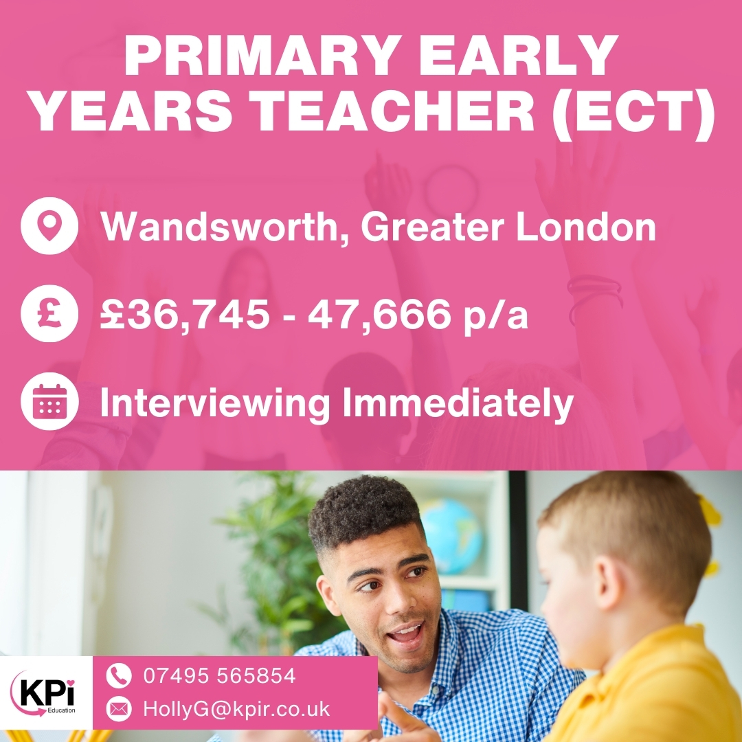 **PRIMARY EARLY YEARS TEACHER (ECT)** Wandsworth, Greater London. Up to £47,666 p/a.

Call 07495 565 854 or email HollyG@kpir.co.uk to apply.

Visit bit.ly/PECTWan to find this job & MORE!

#PrimaryScoolTeacher #TeachingJobs #WandsworthJobs #LondonJobs #KPIRecruiting