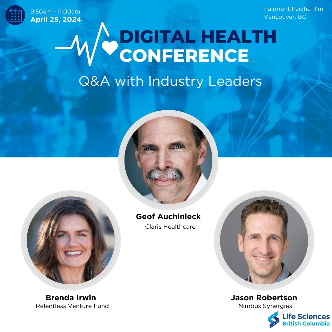 Attending our Digital Health Conference on April 25? Don't miss our panel of industry leaders, Geof Auchinleck of @ClarisHealth, Brenda Irwin of Relentless Venture Fund, & Jason Robertson of @nimbussynergies, as they engage in a Q&A with SMEs. Register: ow.ly/8X8550Rk9W5