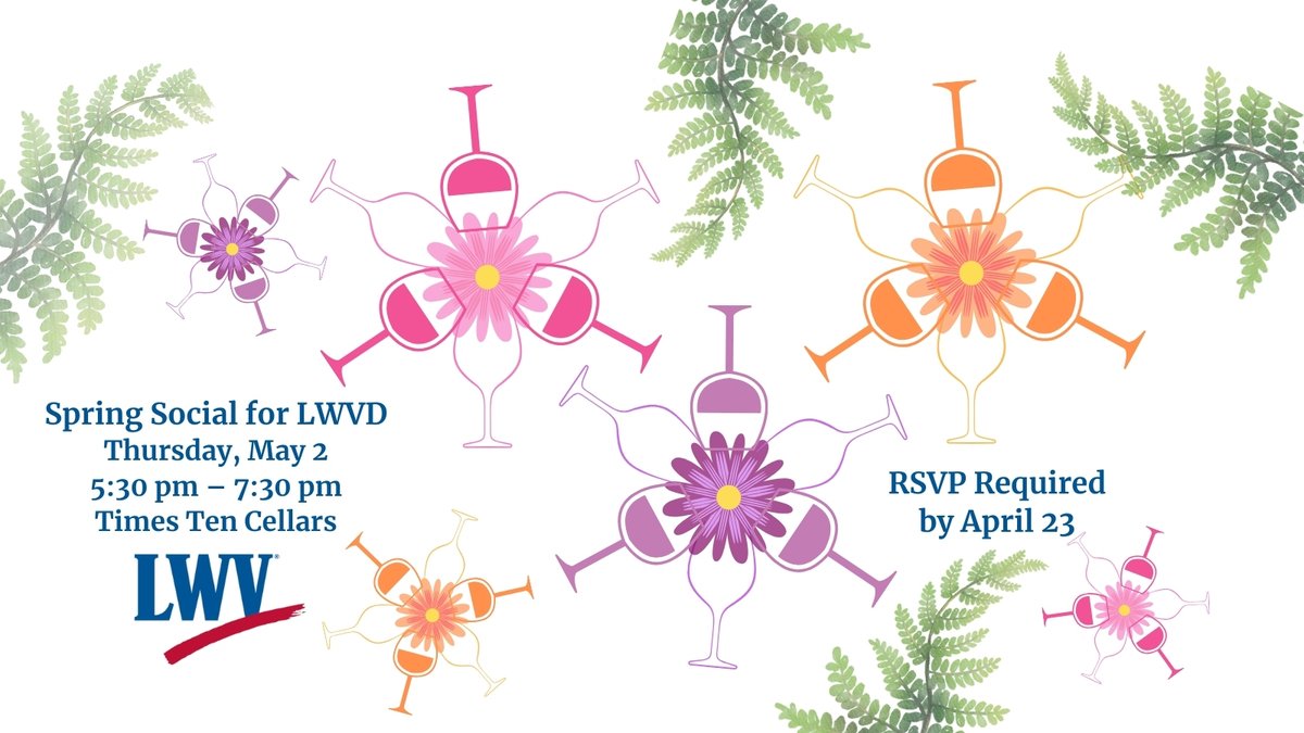 Join us for a Spring Social with the LWVD on Thurs., May 2, 5:30 pm - 7:30 pm at Times Ten Cellars. Free event is for members & potential members to learn how to get involved with the League. Register by April 23 at the Event Calendar, LWVDallas.org. #LWVD #LWVT #LWV