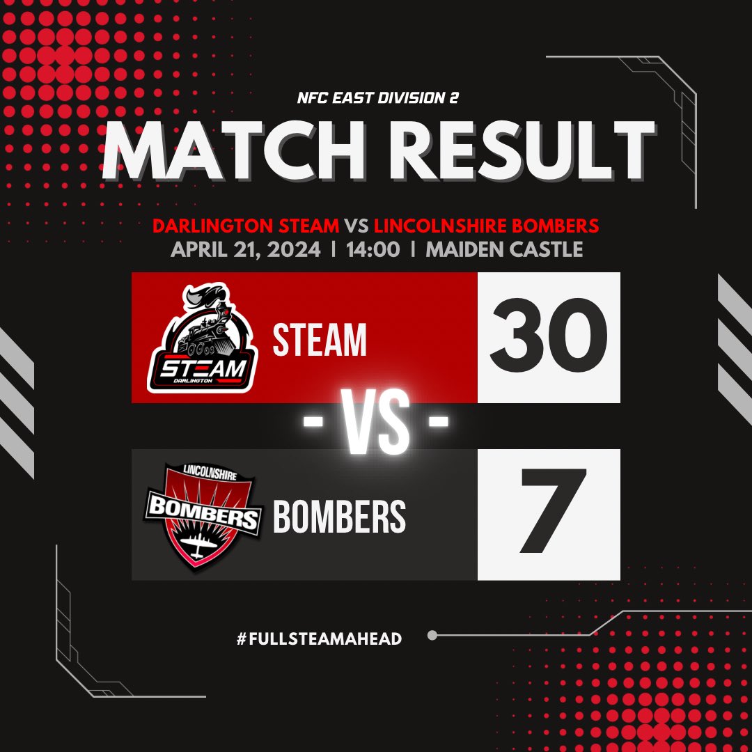 🚂💨 **Full Time Update: Darlington Steam Triumphs!** 💨🚂

What a game! Our Darlington Steam have powered through to a stunning victory, ending the match at 30-7 against the Lincolnshire Bombers! 🏉🎉

Let's savor this victory and keep building on this momentum. Go Steam! 🌟