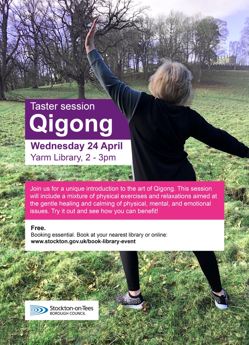 We only have 2 place left! Join us for a unique introduction to the art of #Qigong at #Yarm Library on Wednesday 24 April, 2pm. To book a free place go to stockton.gov.uk/book-library-e… or call 01642 528152