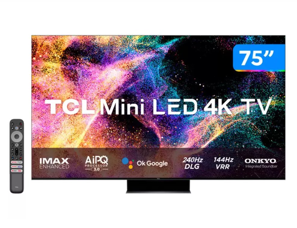 QUER CINEMINHA PARTICULAR? 📺 Smart TV 75” 4K QLED Mini LED TCL 75C845 - 120Hz Wi-Fi Bluetooth Google Assistente 4 HDMI ✅ POR 6.601,55 🔗 divulgador.magalu.com/zhjSnrPQ