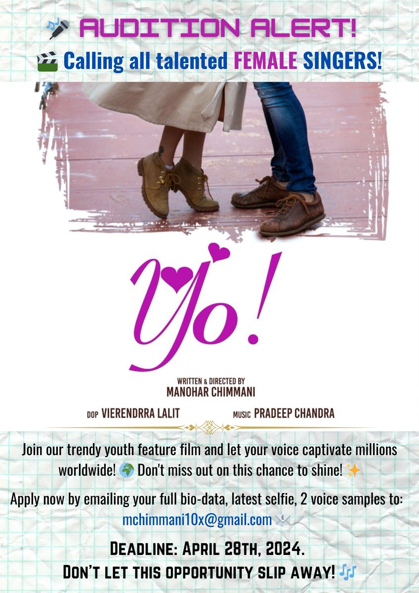 Don't miss out on this chance to shine...  
.
.
.

#Audition #FemaleSingers #FilmOpportunity #Yo #YoTeam #YoMusic #PradeepChandraMusical #ManoharChimmani #ManutimeMovieMission

See this & many other 'film chance' ads: 
castingcall-365.blogspot.com