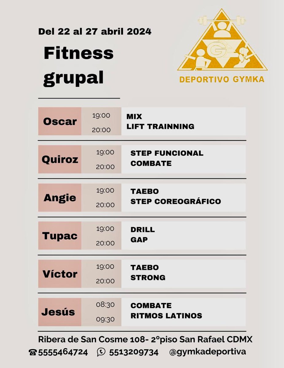 Horarios Fitness Grupal del 22 al 27 de Abril del 2024 

#fit #CDMX #smallgrouptraining #fitness #FITNESSMOTIVATION #RitmosLatinos #saludybienestar #saludables #taebo  #fitnesspro #fitnessgirl #TRX #step #drill #cross #HIIT #GAP #StepCoreografico
#jumping #CORE #pilates