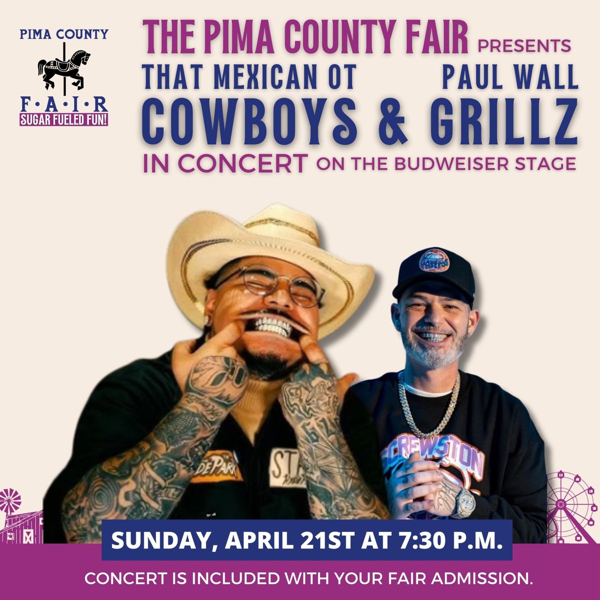 Pimacountyfair's tweet image. Tonight in concert at the Pima County Fair! Cowboys &amp;amp; Grillz is bringing you That Mexican OT &amp;amp; Paul Wall for a show you do not want to miss! #PimaCountyFair