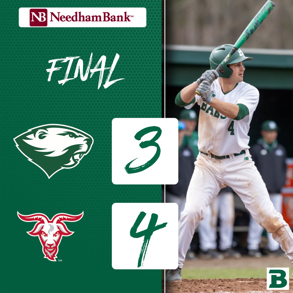 Ike Kiely went 2-for-4 with a double and RBI but @BabsonBaseball's ninth-inning rally came up just short in a 4-3 loss to @WPIAthletics in game one of Sunday's doubleheader. #GoBabo #d3baseball
