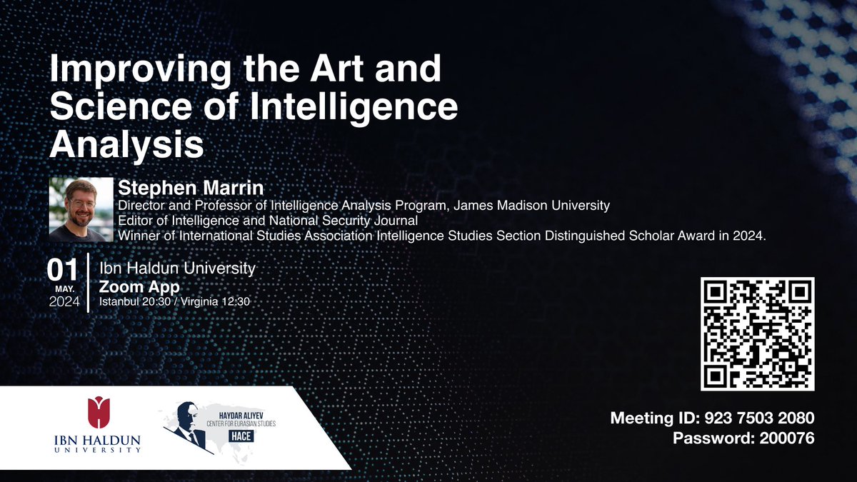 On Wednesday, May 1st at 20:30, Professor Stephen Marrin, a leading figure in intelligence studies and editor of the Intelligence and National Security Journal, will be our guest. We welcome everyone who is interested.