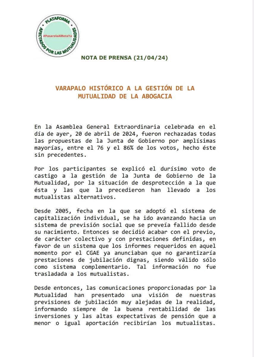 J2AlterMutua's tweet photo. Comunicado de @plataformareta sobre la Junta Extraordinaria de #Mutualidad de ayer 20/04/2024. Seguiremos con otras Juntas ( de #Altermutua, de #Mutualidad) hasta poner sobre la mesa el poder de los miles de mutualistas alternativos afectados. #AlRetaVamosTodos. https://t.co/UskTQVtxPZ