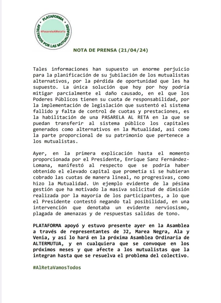 J2AlterMutua's tweet photo. Comunicado de @plataformareta sobre la Junta Extraordinaria de #Mutualidad de ayer 20/04/2024. Seguiremos con otras Juntas ( de #Altermutua, de #Mutualidad) hasta poner sobre la mesa el poder de los miles de mutualistas alternativos afectados. #AlRetaVamosTodos. https://t.co/UskTQVtxPZ