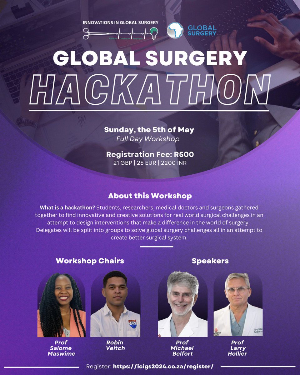 Workshop: Excited for the Hackathon with insights from Michael Belfort & @LarryhHollier, chaired by @MrsMaswime & Robin Veitch. Students, researchers, & surgeons will unite to tackle surgical challenges, creating innovative solutions for a better surgical system #GlobalSurgery